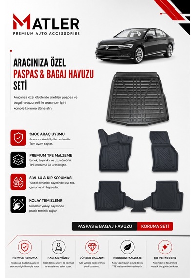 Volkswagen Passat B8 2022 Model 4d Ekstra Havuzlu Paspas Ve Bagaj Havuzu Set
