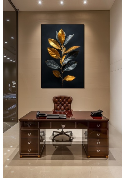 Altın Yaprak Baskılı Cam Tablo Modern Botanik Desenli Dekoratif Duvar Tablosu