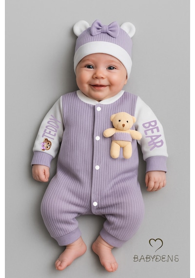 Babyden's Teddy Bear Temalı Yenidoğan Fitilli Tulum Takımı Ayıcıklı Kız Bebek Tulum Şapka Set %100 Pamuk Lila