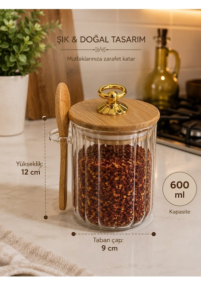 Morponi Kaşıklı Çizgili Cam Baharat Kavanozu 600 Ml - Gold Halka Kulplu Bambu Kapaklı Saklama Kabı Dh 57-59 Şeffaf