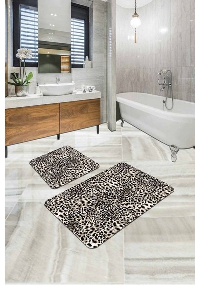 Bej Leopar Desenli Banyo Halısı Klozet Paspas Seti Bs324n11