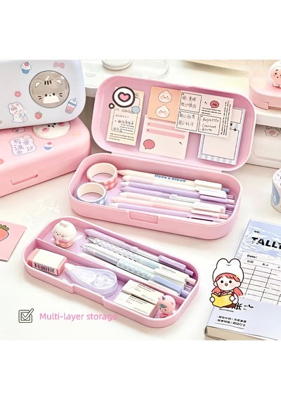Sevimli Kawaii Figürlü Kalem Kutusu Çok Bölmeli Çift Katlı Büyük Kapasiteli Kalem Kutusu Sticker'lı Kalem Kutusu Sticker Yapıştırılabilir Kalemlik Sticker Kalemlik Pembe