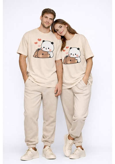 Sevimli Panda Baskılı Sevgili Kombini Çift Tişört Oversize Unisex Bej