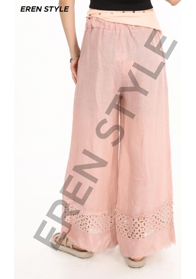 Eren Style İtalyan Fisto Paça Detaylı Keten Pantolon-9893 Pudra