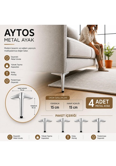 Aydos 4 Adet 15 Cm Krom Metal Mobilya Ayağı Dayanıklı Şık Koltuk Dolap Sehpa Ayağı Modern Tasarım 6395751