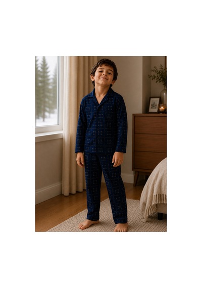 Free Beka Ekose Desenli Baba Oğul Uzun Kollu Gömlek Yaka Düğmeli Erkek Pijama Takımı Lacivert