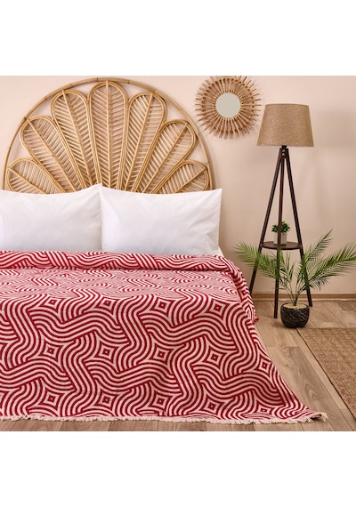Soft Geometrik Desenli Çift Kişilik Yatak Örtüsü - Kırmızı - 225x250 Cm Renkli