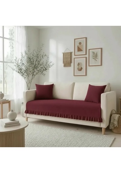 Fırfırlı Keten Koltuk Örtüsü Kırlentli -bordo
