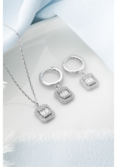 Çekirdekjewelry 925 Ayar Gümüş Baget Taşlı Kolye Küpe Seti Gri