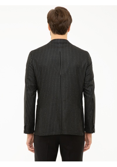Cacharel Siyah Slim Fit Keten Karışımlı Çizgili Ceket