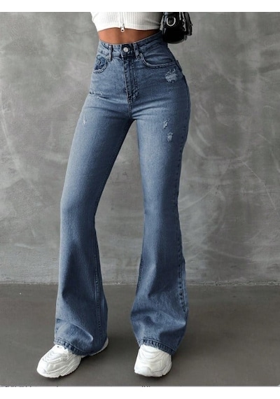Herton Yüksek Bel İspanyol Paça Jean Pantolon - Eskitme Detaylı Full Pamuklu Flare Denim Bebe Mavi