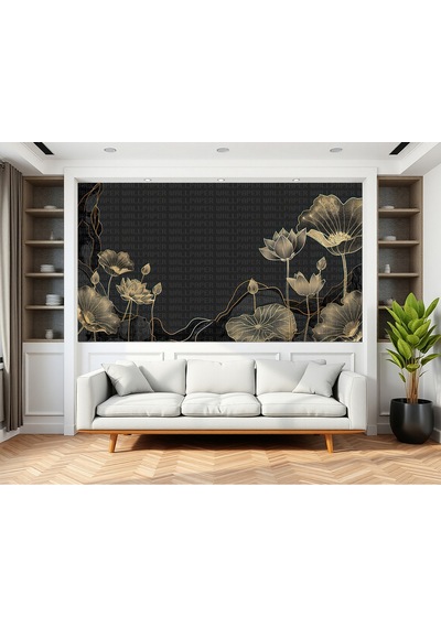 Siyah Zeminde Lotus Çiçeği Poster Duvar Kağıdı Renkli