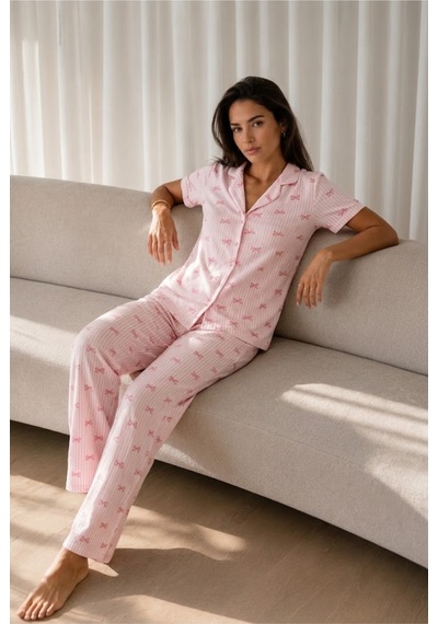 Kadın Loose Uzun Paça Pamuk Pembe Pijama Takımı
