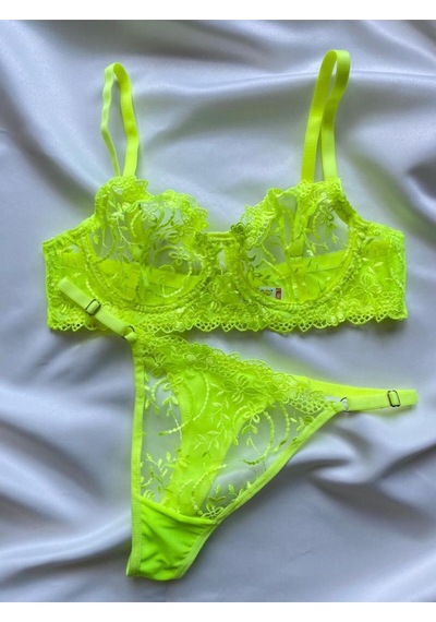 Arona Neon Yeşil Dantelli İç Çamaşırı Takımı Dantelli Sütyen Tanga Set Yeşil