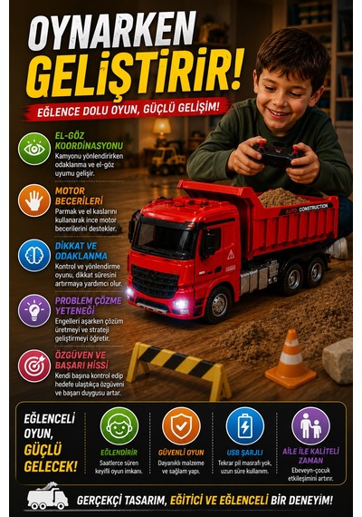 Şarjlı Uzaktan Kumandalı Rc Damperli Kamyon Büyük Boy Işıklı İnşaat Oyuncağı