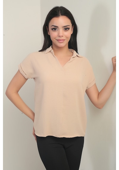 By Saygı Polo Yaka Duble Kol Ayrobin Bluz Bej