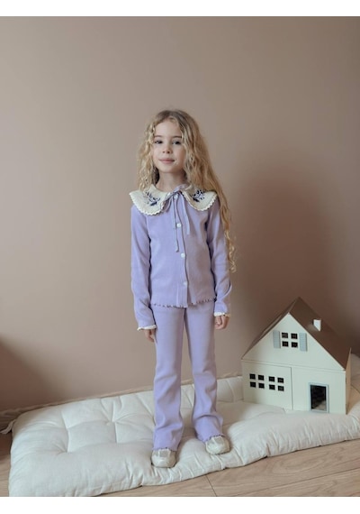 Miniko Kids Kız Çocuk Yaka Dantelli Fitilli Kaşkorse Bayramlık Taytlı Takım Lila