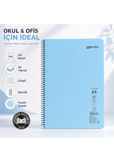 My Note Flex Pastel A4 60 Yaprak 60 Gr Spiralli Çizgili Defter Mavi