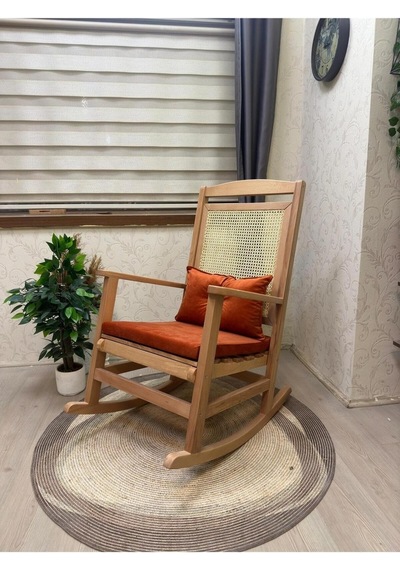 Asedia Veranda Naturel Turuncu Minderli Hasırlı Sallanan Sandalye Dinlenme Koltuğu
