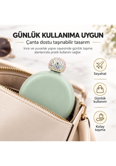 Lüks Taş İşlemeli Renkli Paslanmaz Çelik İçki Matarası 5 Oz 150 Ml. Cep Çanta Kamp Outdoor Hediyelik Yeşil