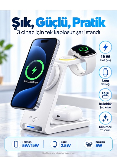 3 Ü 1 Arada Manyetik Kablosuz Şarj Standı 15w Hızlı Şarj, Telefon + Akıllı Saat + Kulaklık
