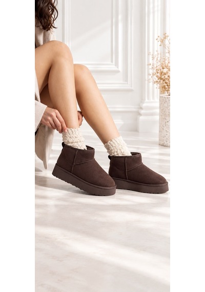Dabab Shoes Kardelen Kadın Acı Kahve Lüks Süet İçi Kürklü Sıcak Astarlı 5 Cm Kalın Tabanlı Kısa Bot Kar Botu Acı Kahverengi