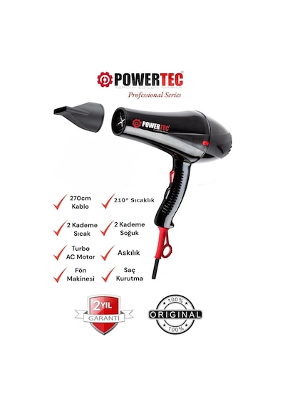 Powertec TR-901 Turbo Profesyonel 2500W Fön Makinesi & Saç Kurutma Makinesi
