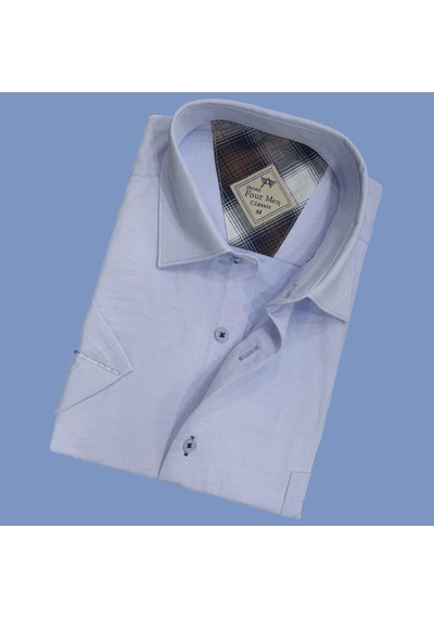 Linen Keten Klasik Mavi Kısa Kollu Erkek Gömlek Regular Kalıp -10086 Mavi