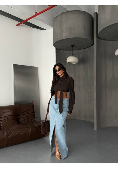 Ön Yırtmaçlı Cepli Uzun Denim Etek ÇoK Renkli