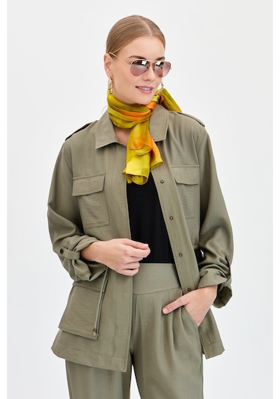 Kadın Safari Model Keten Ceket Haki Haki