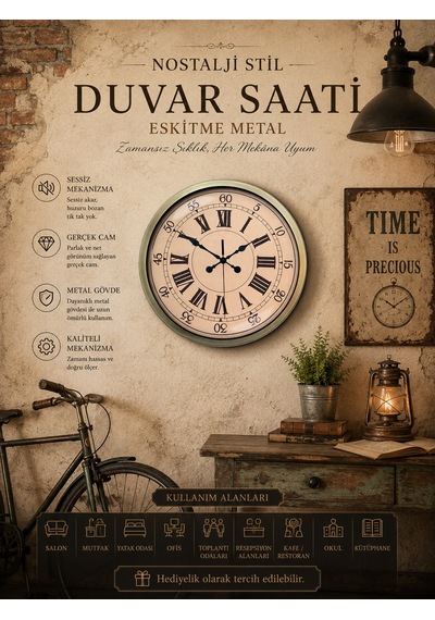Nostalji Stil 40 Cm Metal Eskitme Duvar Saati