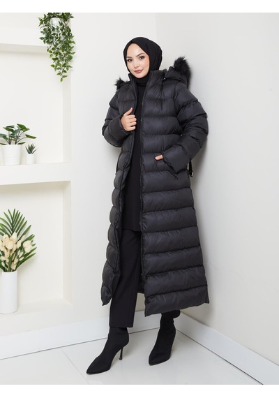 Hb Harma Time Butik Kadın Bel Kemerli Kapüşonlu Uzun Şişme Siyah Mont