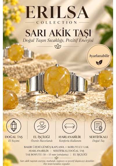 Sertifikalı Doğal Sarı Akik Taşı Ayarlanabilir El İşçiliği Gümüş Çok renkli