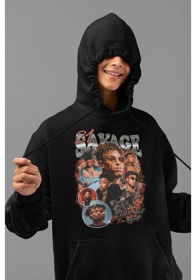 Sevbano 21 Savage Rapper Baskılı Unisex Oversize Hoodie Siyah