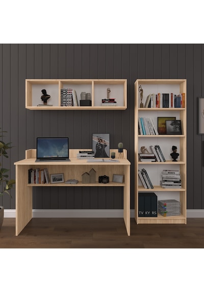 Asra Trend Çalışma Masası Seti ÇMT001 %100 MDF Kitaplıklı Raflı Ofis Takımı Sonoma