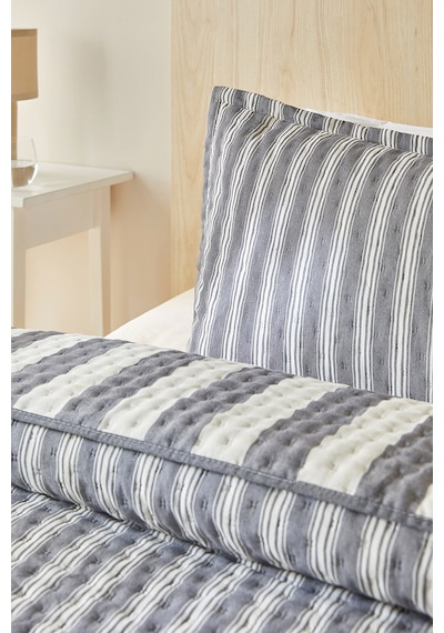 Ocean Home Textile Pamuklu Kapitoneli Antrasit Renk Çizgi Desen Tek Kişilik Yatak Örtüsü Seti 1 Adet 180 X 230 / 1 Adet 50 X 70 Cm