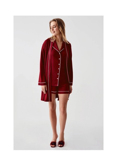Moda Dua Freshness 324 Kadın 4'lü Sabahlıklı Şorlu Pijama Takımı bordo