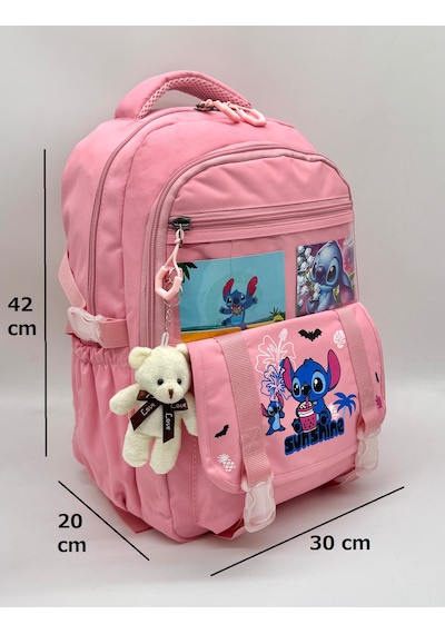 Stitch Desen Aksesuarlı Kore Tarzı Termal Beslenmeli Ve Kalemlikli Kız Çocuk Okul Sırt Çantası Seti Pembe
