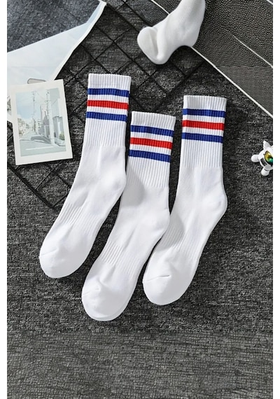 Hitit Socks Kadın 5 Çift Premium Kalite Yüksek Pamuklu Kolej Çorap Mavi Kırmızı Çizgili Asorti