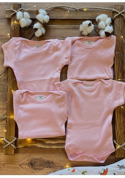 Betül Bebek Kısa Kollu 4'lü Organik Pamuk Çıtçıtlı Bebek Body & Zıbın 4adet Pembe