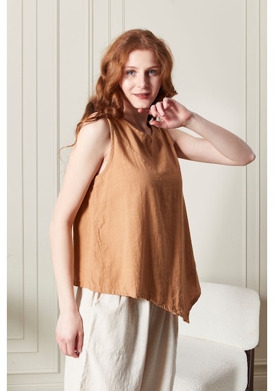 Asimetrik Kesim Keten Bluz, Parçalı Tasarım CAMEL