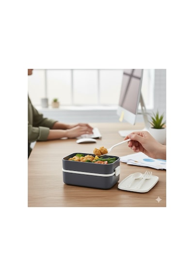 Lunch Box Kendinden Çatal Kaşıklı Estetik 2 Katlı Taşınabilir Yemek Kabı Siyah