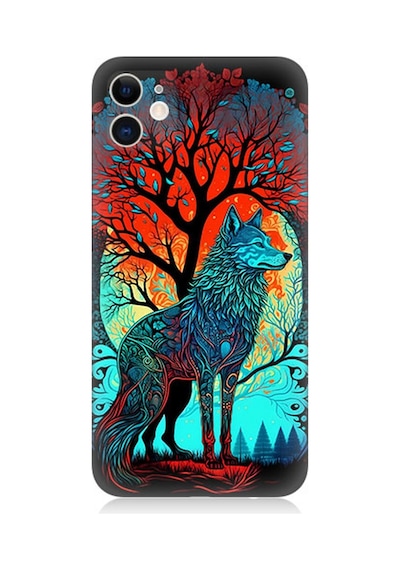 Apple Uyumlu  iPhone 12 Silikon Kılıf Tribal Vitray Kurt Ve Ağaç