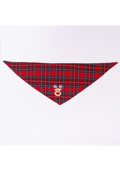 Rudy Bounce Geyik Nakışlı Ekose Desen Kırmızı Kedi Köpek Fuları Pet Bandana Köpek Bandanası