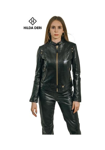 Hilda Deri Viky Siyah Hakiki Deri Altın Renk Aksesuarlı Kadın Ceketi 001