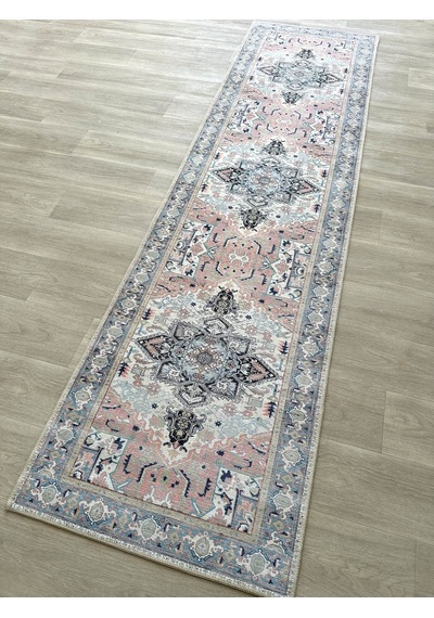 Geometrik Madalyon Desenli Açık Mavi Ve Pudra Pembe Etnik Halı - Ar861nt Açık Mavi - Pembe