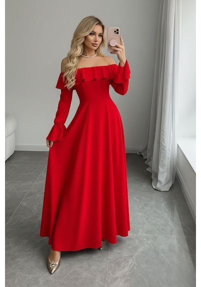 Defymoda Kadın Modern Kesim Fırfır Detaylı Elbise Kırmızı