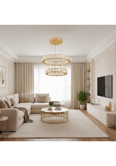 Kristal 2 Katlı Uzaktan Kumandalı Krom Avize Gold