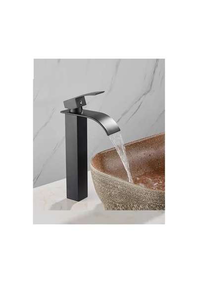 Rena Design Siyah Çanak Lavabo Bataryası Oval Çıkış Havza Model Uzun/yüksek Lavabo Musluğu Çift Girişli