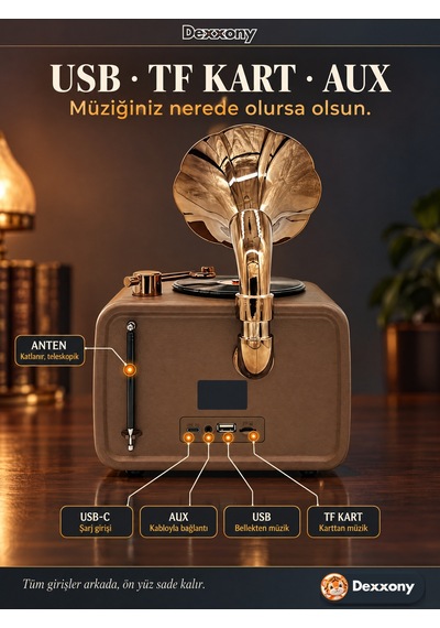 Dexxony Dx-2527 Kahve Nostaljik Radyo Gramofon Görünümlü Büyük Boy Şarjlı Bluetooth Hoparlör Fm Usb